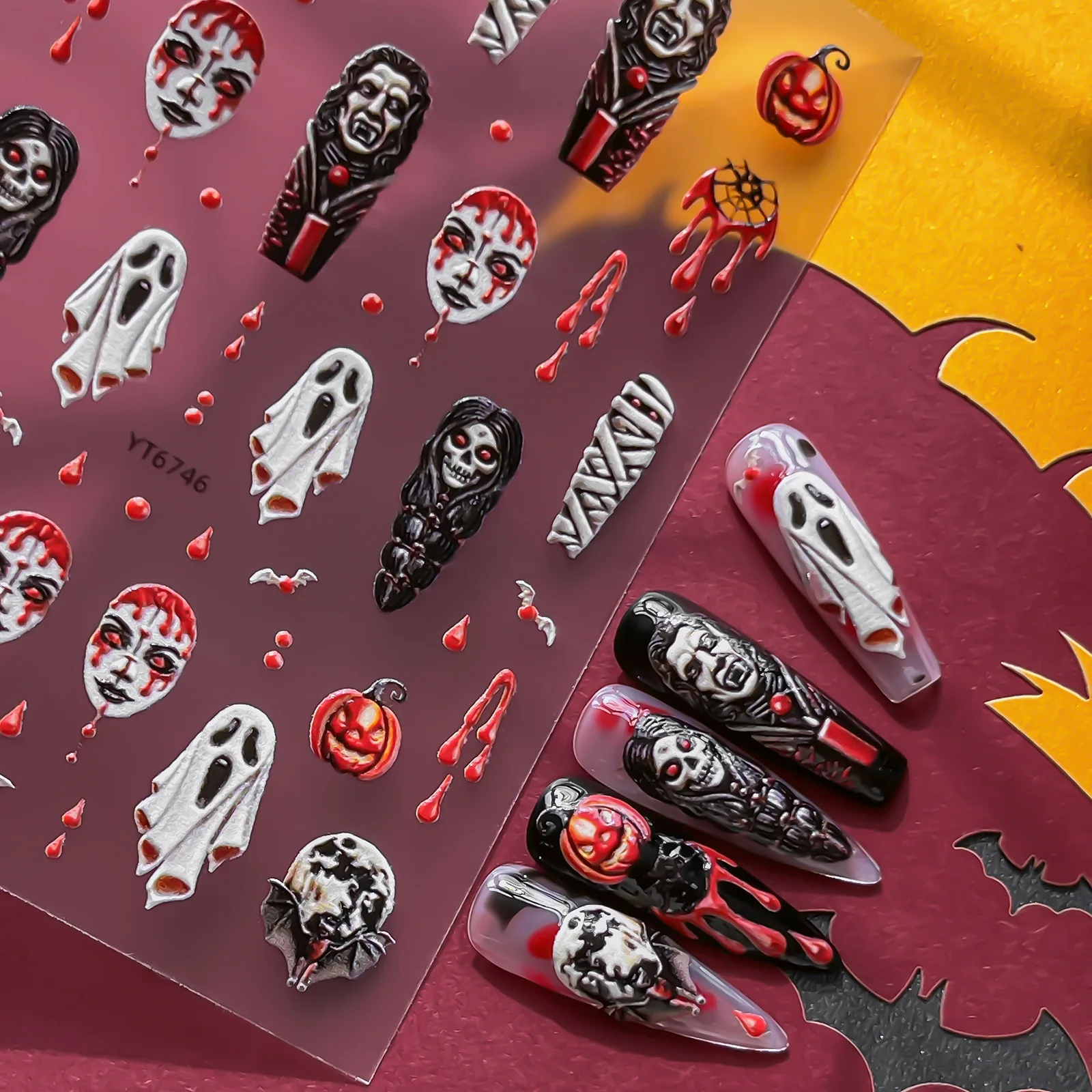 5D Embossed Halloween Nail Stickers Spooky Ghost Vampire Mummy Blood Pumpkin Bat Nail Decals Gothic Horror Manicure Accessories