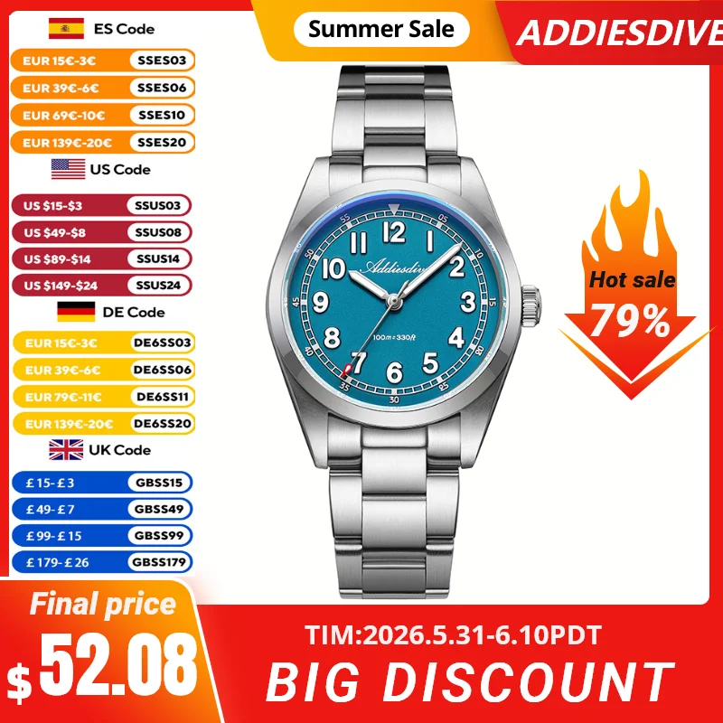 

ADDIESDIVE Men Watch New Sapphire Glass AD2521 AR Coated Stainless Quartz Watches Waterproof 10Bar BGW9 Luminous 36mm Wristwatch