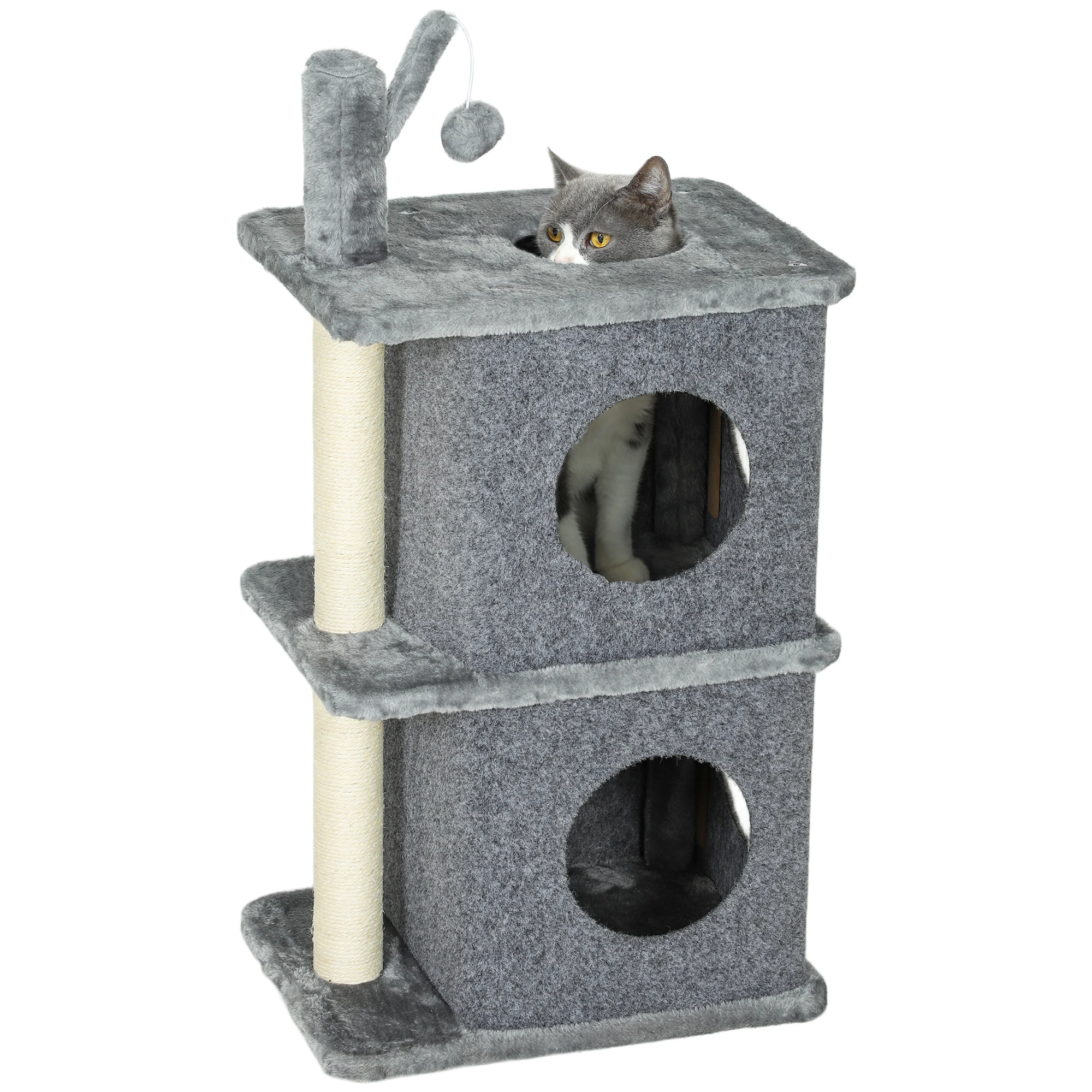 PawHut 3-laags kattenboom, hoogte 80 cm, met hangmat voor katten, 2 nestjes en comfortabel zitvlak, verwijderbare bal, sisalpaal en zacht pluche, geschikt voor dieren tot 5 kg, donkergrijs