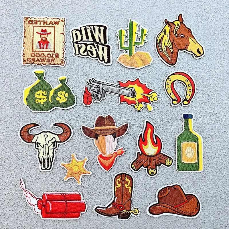 

Cowboy Embroidery Patch DIY Cactus Horse Boots Revolver Cloth Sticker Iron on Patches Retro Bag Hat Badge Fabric Accessories