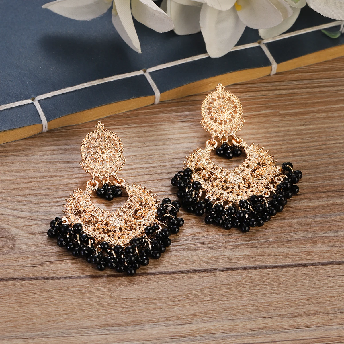 Boho Vintage Peach Heart Beads Tassel Dangle Earrings for Women Gold Color Hollow Carved Wedding Earrings Ethnic Indian Jewelry