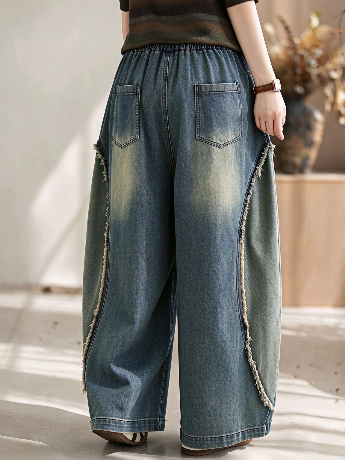 American Style Vintage Patchwork Frayed Letter Print Wide Leg Jeans Women's Spring Autumn Loose Casual Knife  Long Pants