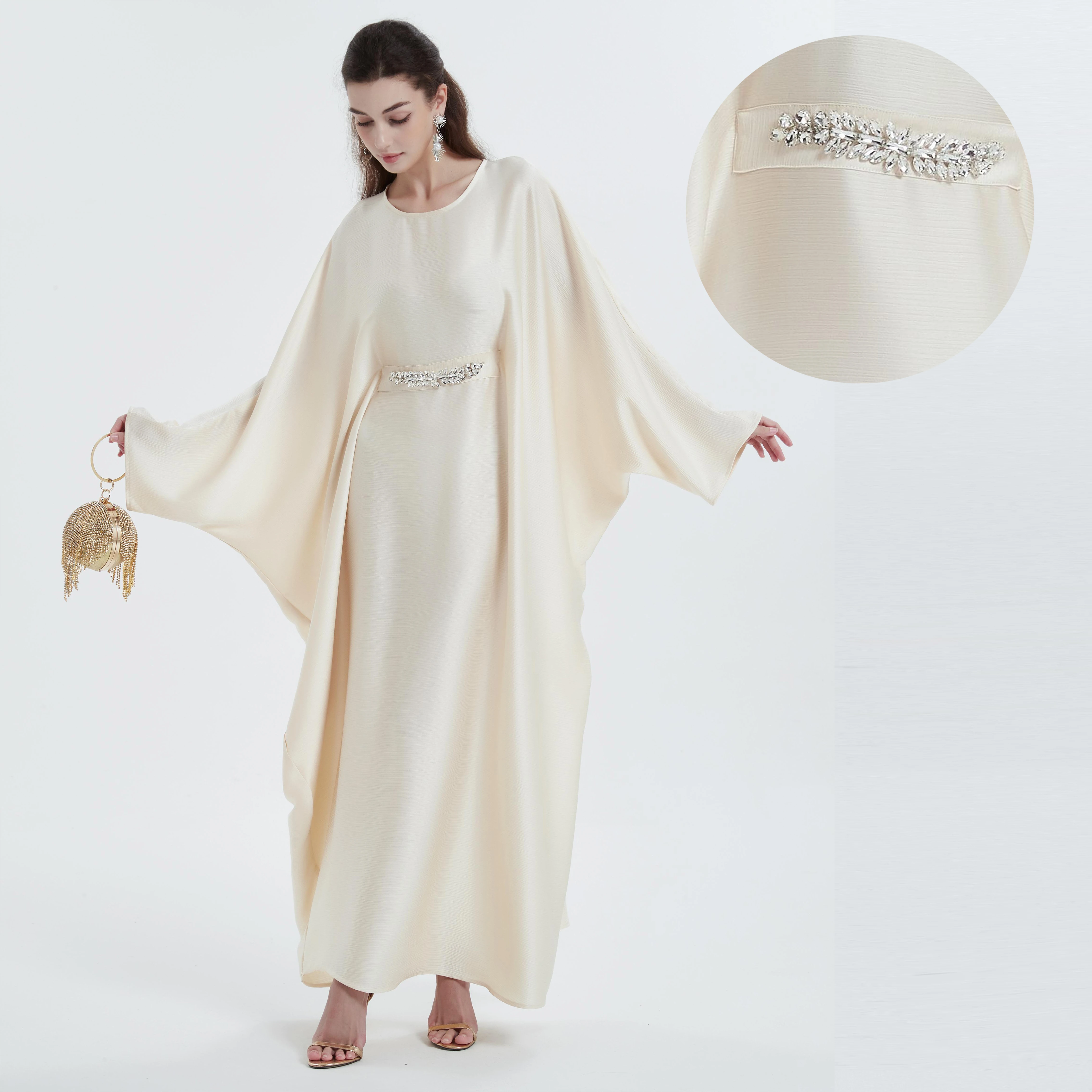 Middle Eastern Muslim Maxi dress women's robe Solid color bat-sleeve diamond waist abaya