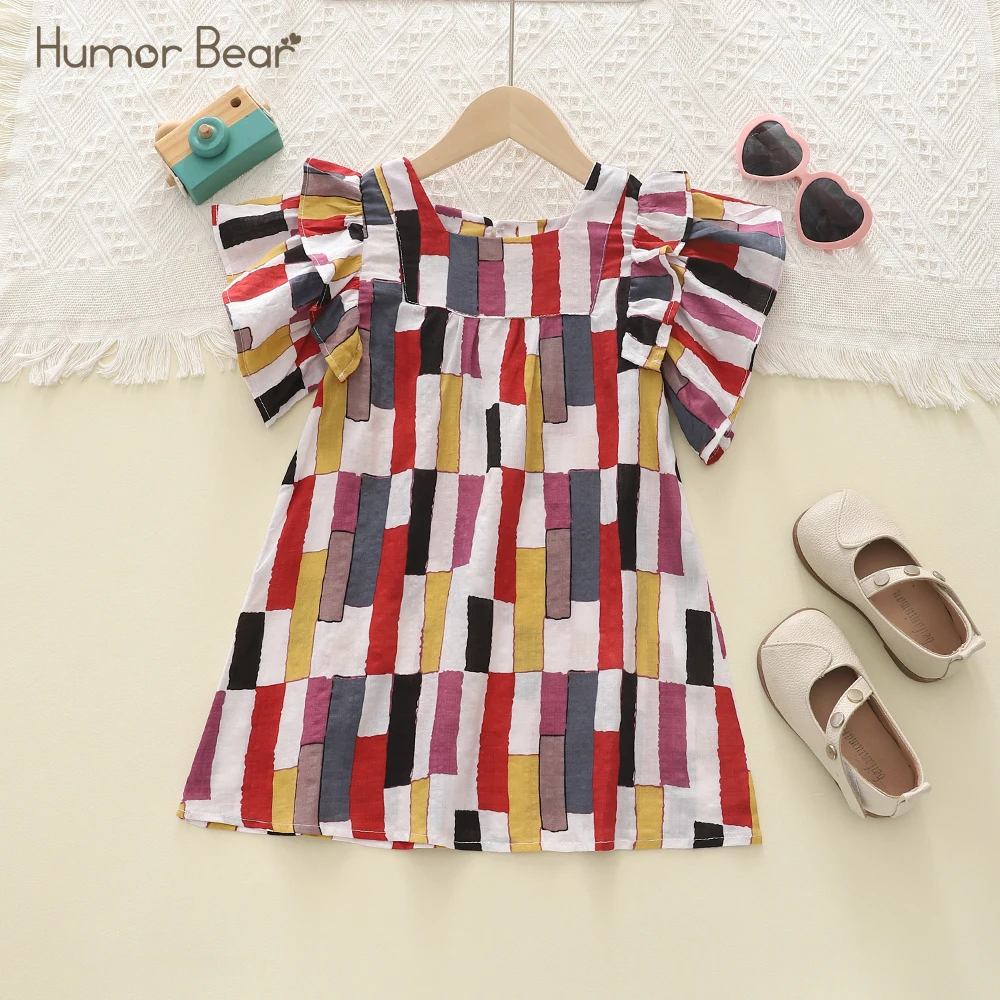 

Humor Bear Girls Dress 2024 Summer New Flying Sleeve Checkered Princess Dress Fashion Toddler Clothes For 3-7Y