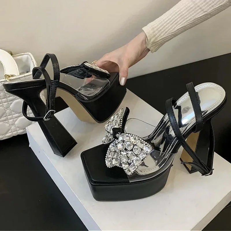 Luxury Rhinestone Transparent Platform Sandals Women Open Toe Summer Fashion Slingback Party Dress Shoes Crystal Bow High Heels
