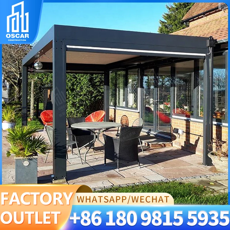 Pergola Retractable Outdoor Adjust Louver Aluminum Pergola Gazebo Electric Opening Garden Pegola With Led Light