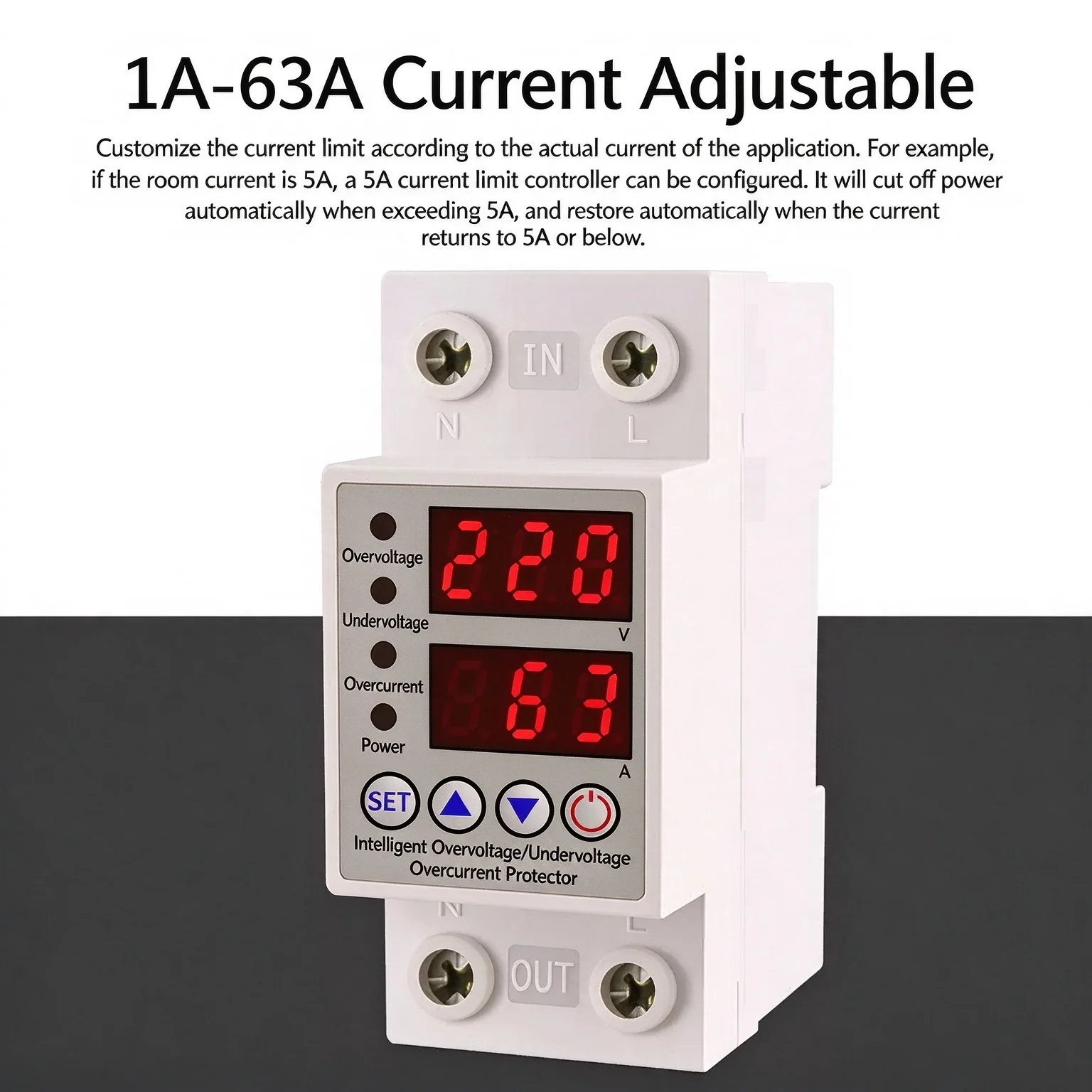 AVP Overvoltage Current Reclosing Protector 40A 63A 230V under Voltage Protective Dual Digital Display for Electrical Safety