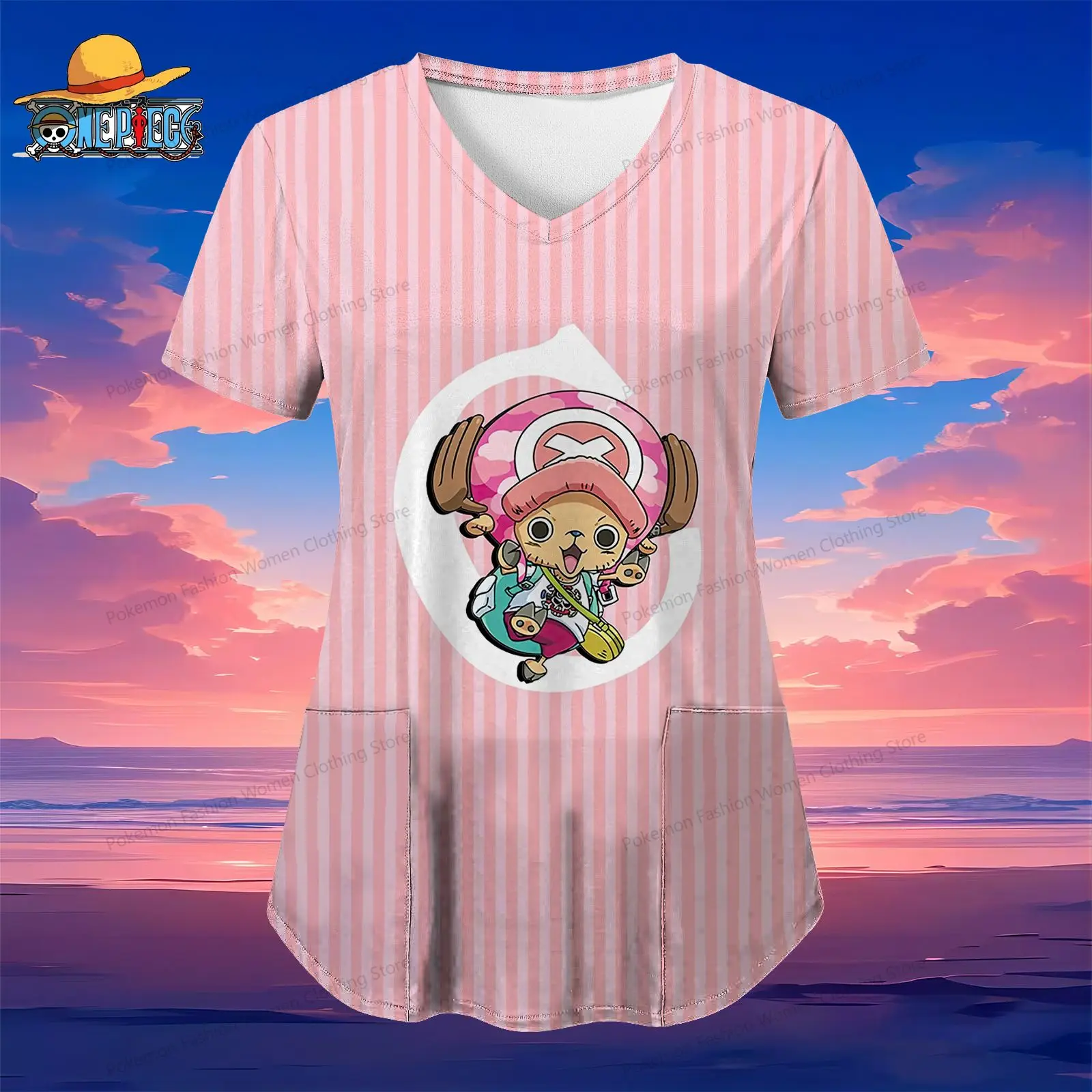 Pocket Women's V Neck Nurse Uniform T-Shirt Luffy One Piece 2024 Kawaii Street Wear Youthful Woman Clothes Y2k Anime S-2XL Tops