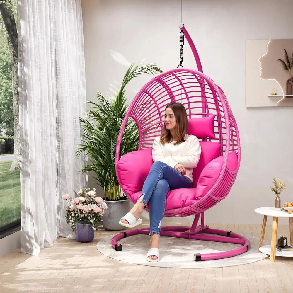 

Outdoor Wicker Egg Swing Chair with Stand, Weatherproof Cover, UV-Resistant Cushion, Holds Up to 400lbs for Patio or Garden