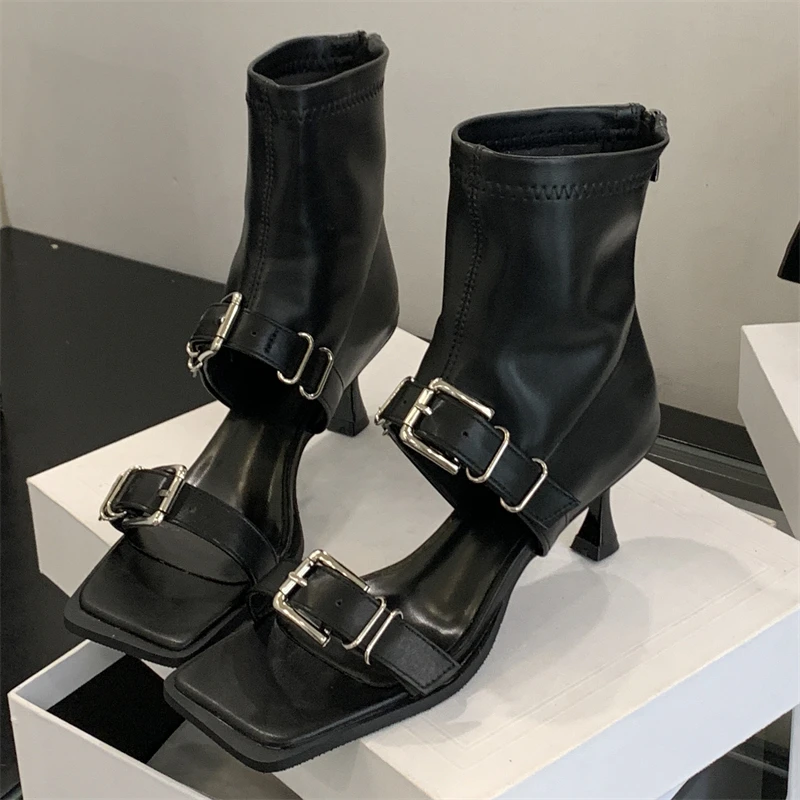 

Aneikeh Fashion Punk Design Style Narrow Band Buckle Strap Zipper Ankle Boots Sandals Square Toe Women Thin Heels Shoes