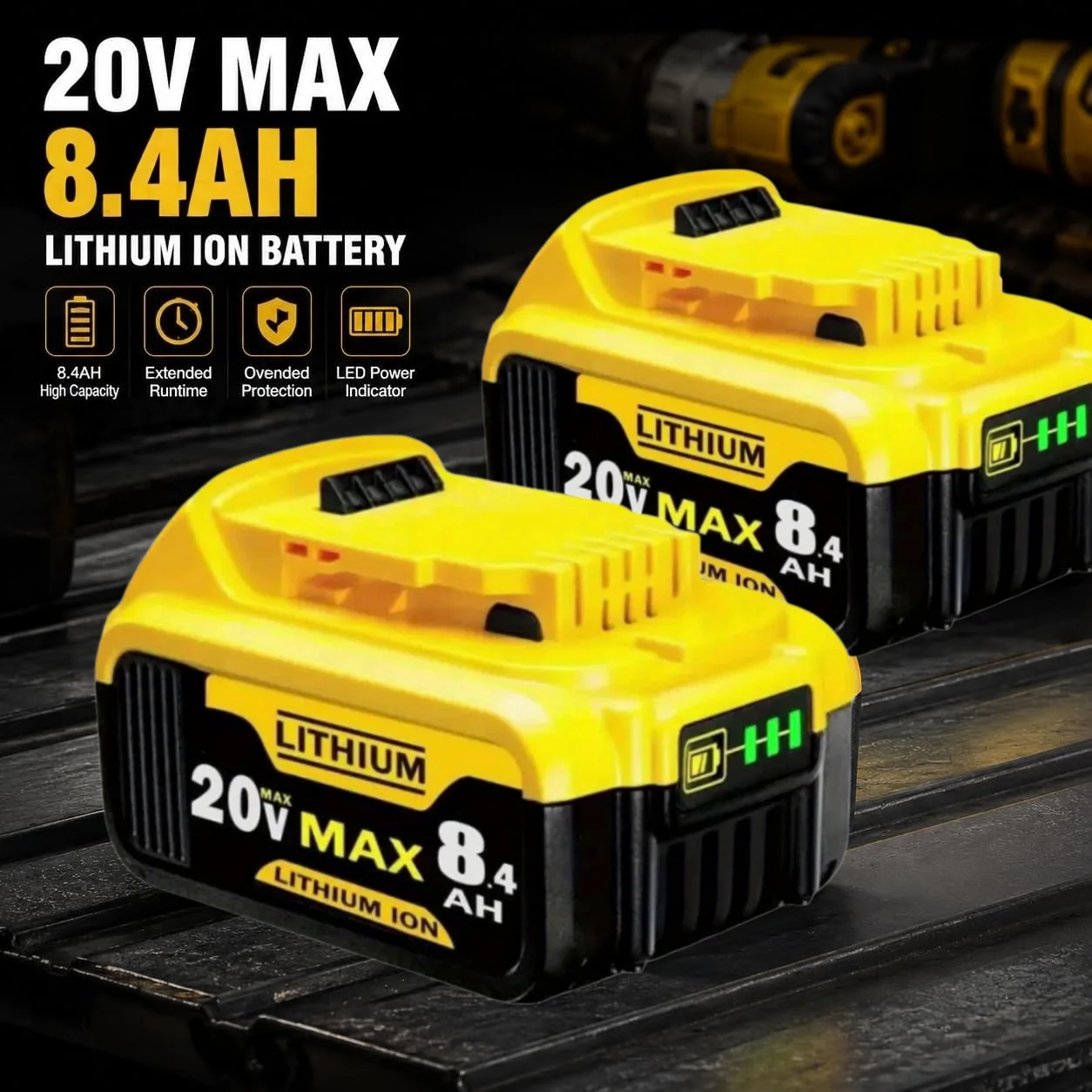 Image of 2er-Pack 8,4Ah Hochleistungs-Ersatzakku für 20V Batterien, Kompatibel mit DCB200 DCB201 DCB203 DCB204 DCB205 DCB206 für 20V Akku-Elektrowerkzeuge mit LED-Anzeige & Sicherheitsschutz
