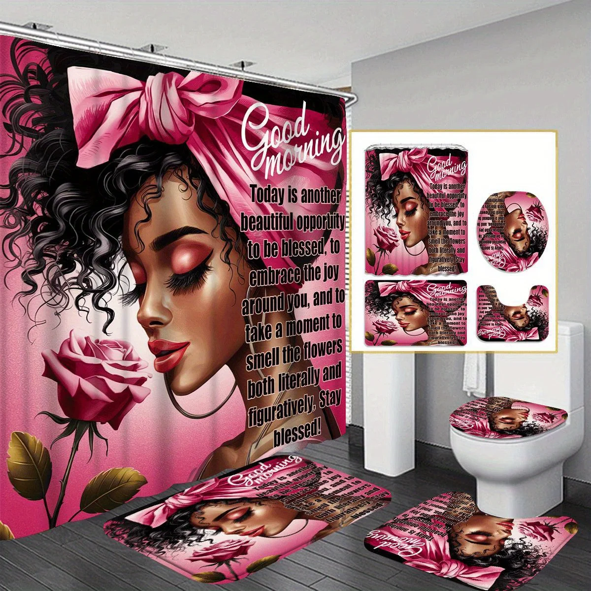 

Good Morning Inspirational Bathroom 4-Piece Set: Shower Curtain, Bath Mat, Toilet Cover, and Tank Cover – Elegant Home Decor