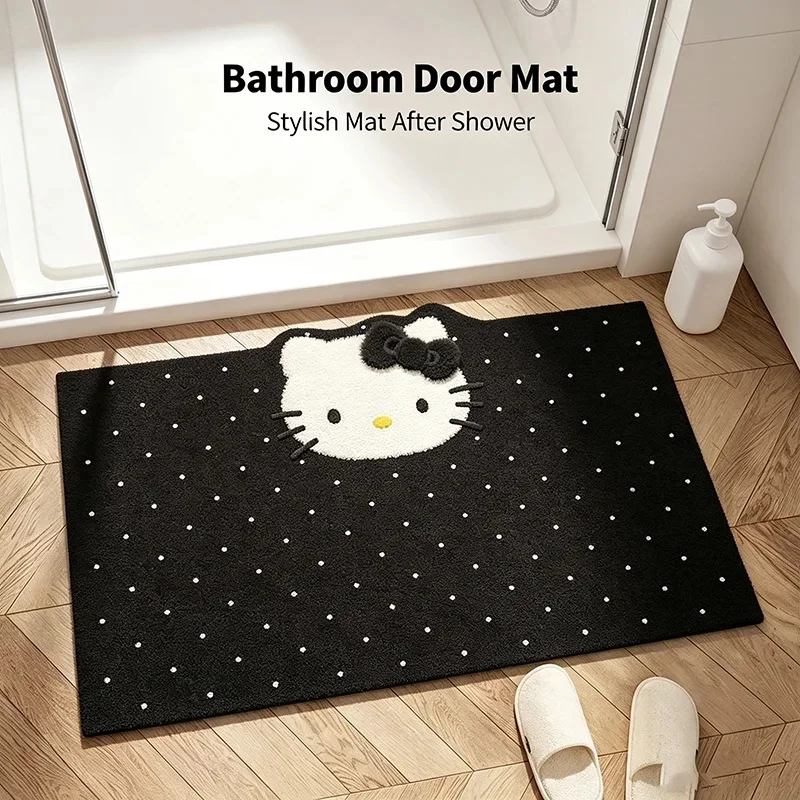 Hello Kitty Cartoon Plush Floor Mat Black Polka Dot Non‑Slip Absorbent Bathroom Entrance Rug Bohemian Style