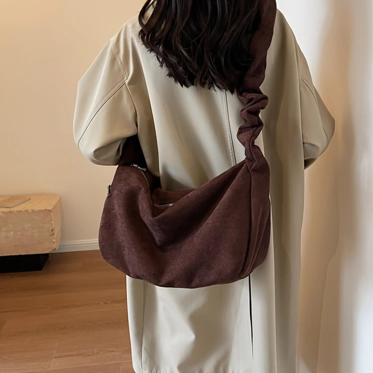 Vintage einfarbige Handtasche, klassische Damen-Geldbörse mit gerafftem Riemen