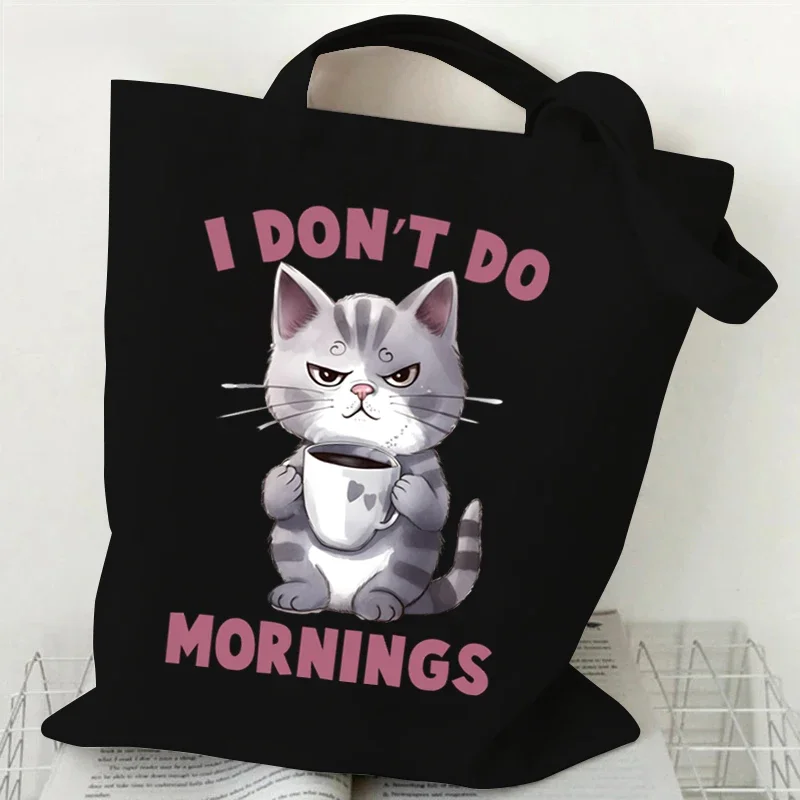 2024 Women\'s Shoulder Handbags Coffee Black Cats Print Large Capacity Shopping Bag Girls Canvas Tote Bag Reusable Foldable Bags