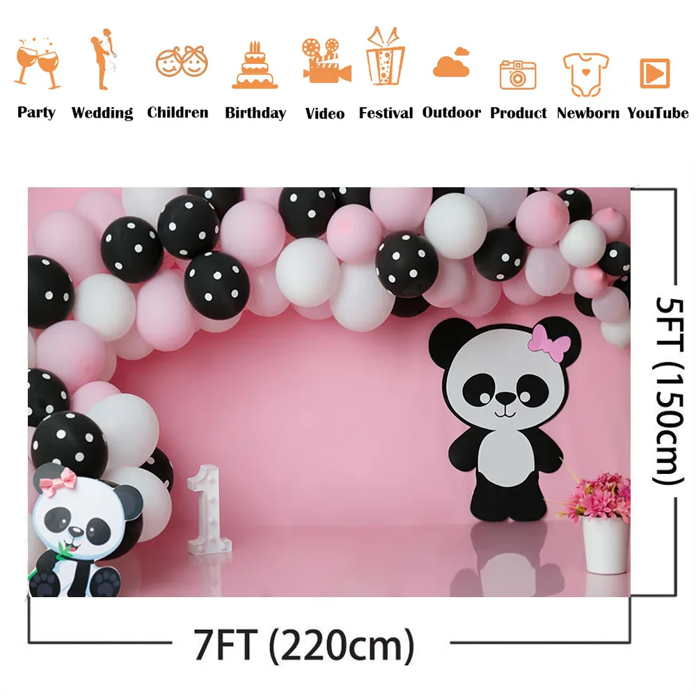 Pink Balloons Girls Cake Smash 1st Birthday Backdrop for Photography Props Panda Theme Newborn Kids Portrait Photo Background