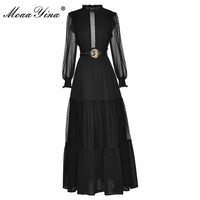 

MoaaYina Fashion Runway dress Summer Women Dress Long sleeve Mesh Polka dot Lace Sashes Balck Party Maxi Long Dresses