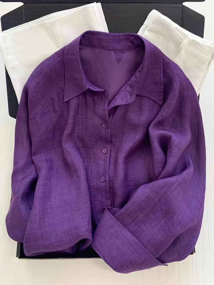

Elegant Purple Linen Shirt Women's Lightweight Comfortable Summer Sun Protection Collared Top Thin Long Sleeve Commute Style