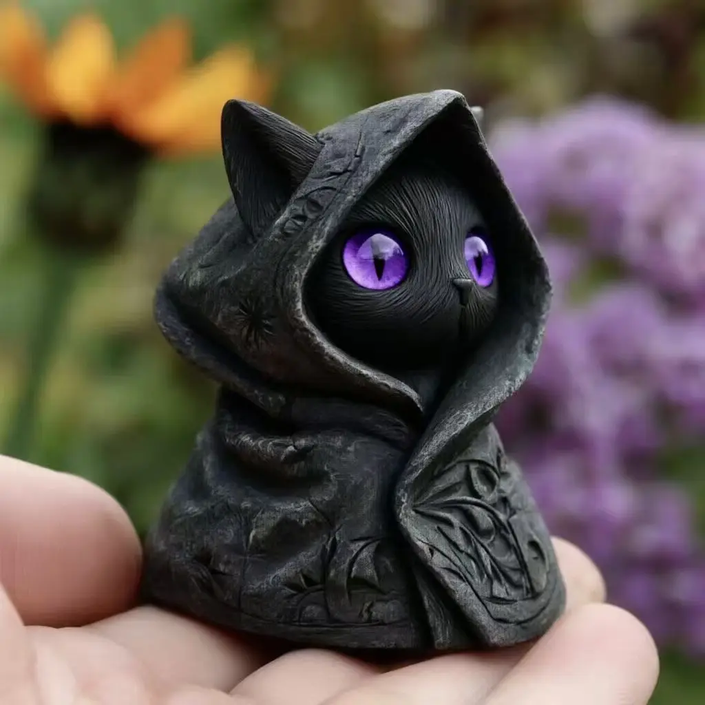 Niedliche Tier-3D-Druck-Katzenskulptur mit Kapuze, Gothic-Mysteriöse-Katzenstatue, Halloween-Heimdekoration – Detail 5