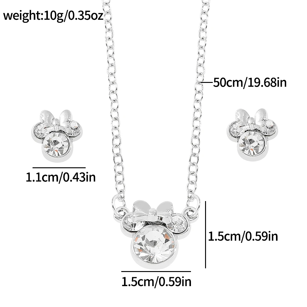 2pcs Anime Disney Mickey Mouse Earring Necklace Fashion Cute Rhinestones Earring Necklace for Girl Fine Jewellery Birthday Gift