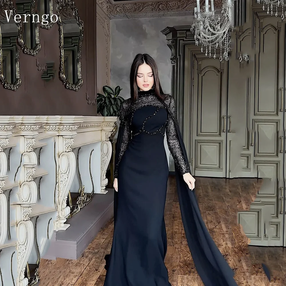 

Verngo Black Sequnied Chiffon Evening Dresses High Neck Party Dress With Sleeves Shawl Formal Black Prom Gown Customized