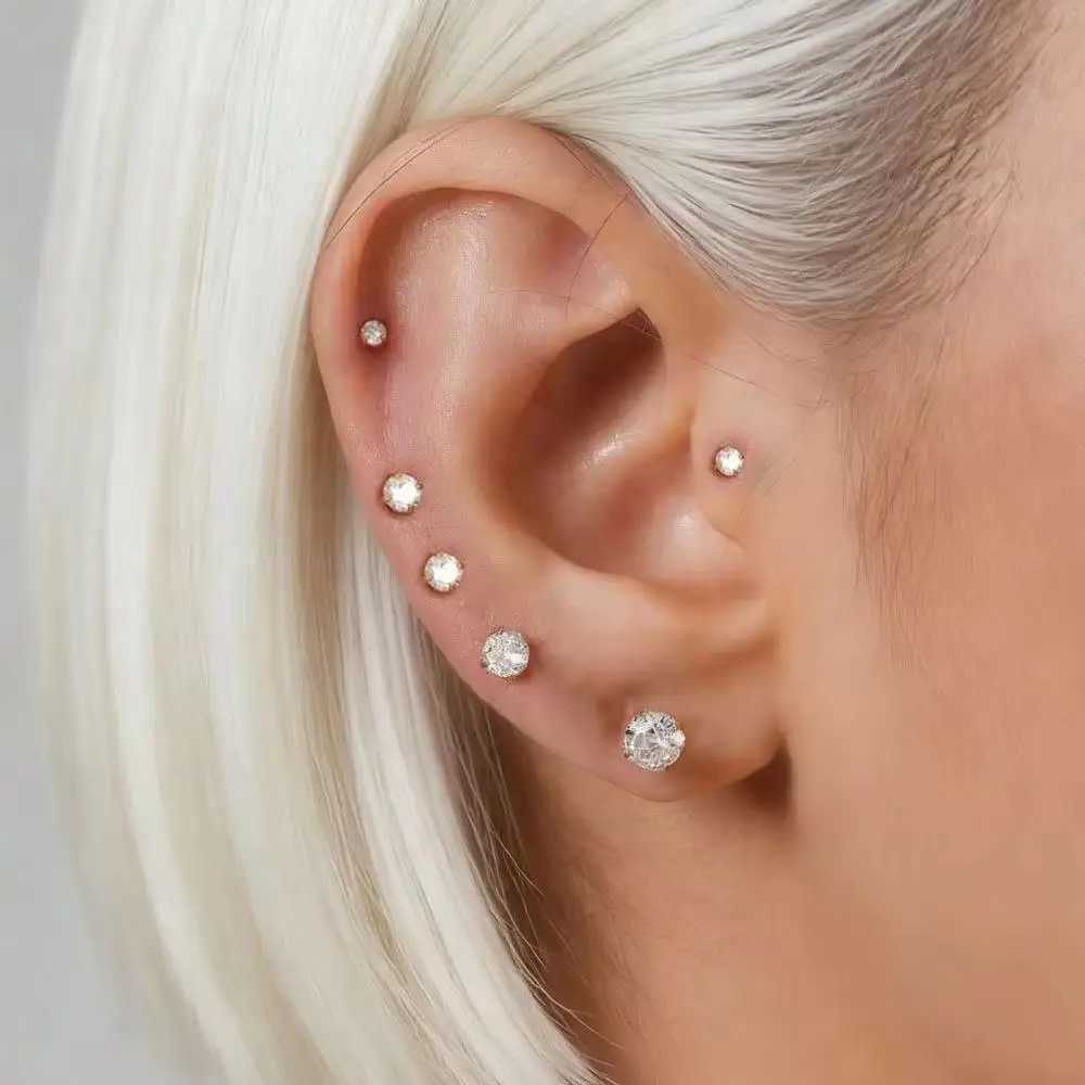 3/4/6 Pairs Stainless Steel Flat Back Screw Studs Earrings Women Men 4 Prong Tragus Small Round Clear Cubic Zirconia Ear Jewelry