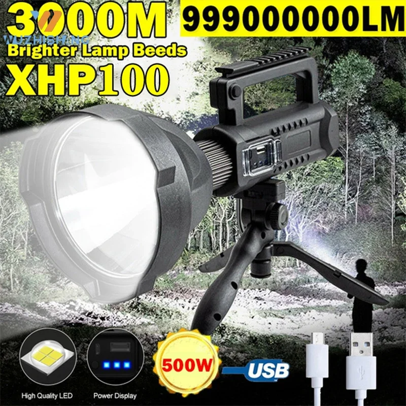 Portable Powerful LED Flashlight Mountable Bracket Handheld Searchlight USB Rechargeable Spotlight Waterproof Torch Light