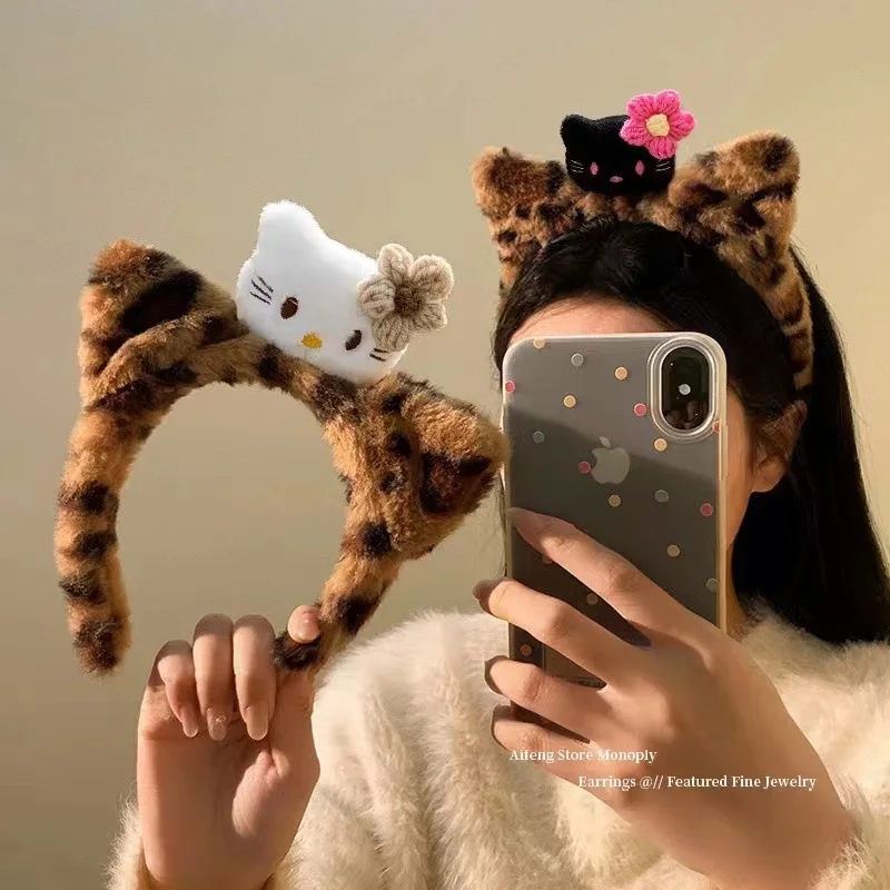 

New cute Kitt cat ears leopard print plush hairband for women, face washing and makeup headband, cartoon hair accessory