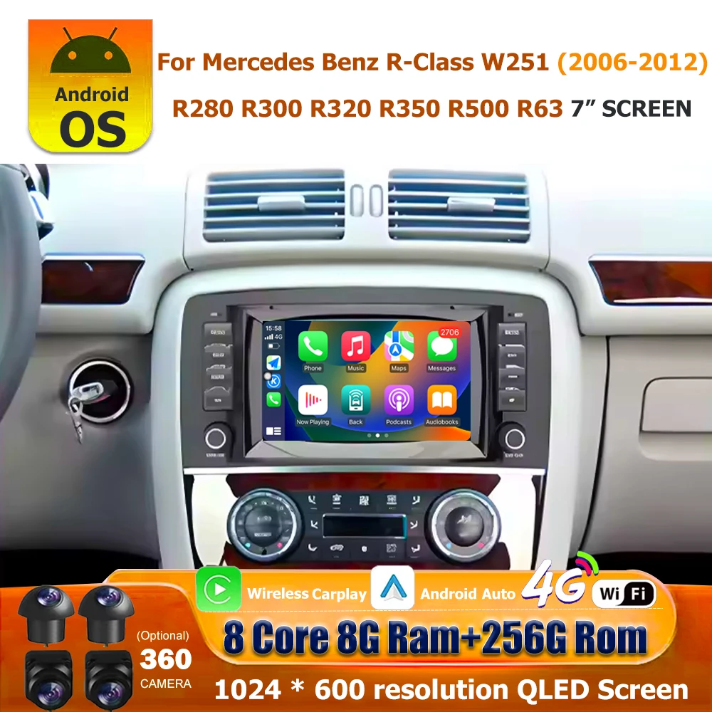 Android 16 Auto For Mercedes Benz R-Class W251 2006-2012 R280 R300 R320 R350 R500 R63 Car Radio Multimedia Video Player WIFI 7''