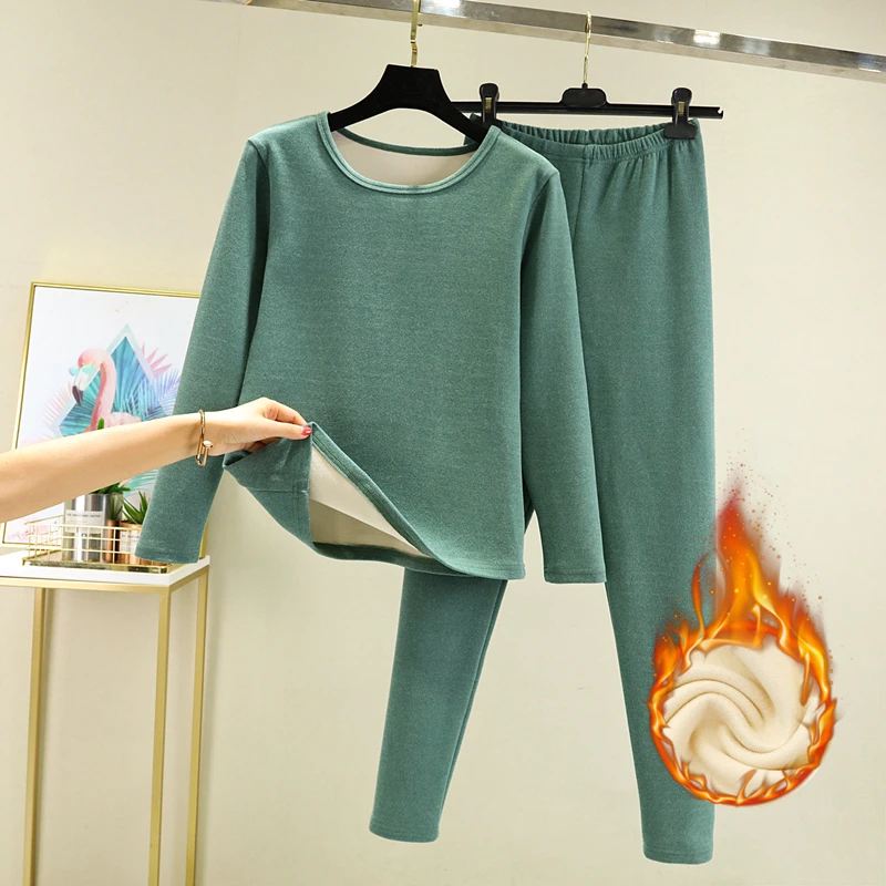 Thickened Fleece Women's Thermal Underwear Set with Chest Pad Inner Wear Long Sleeve round Neck Single Layer Pure Color Tagkita