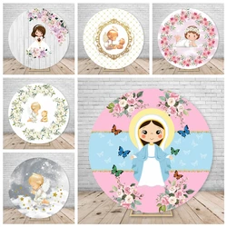 Boy Girl Baptism Round Backdrop Covers Pink Flower Angel Baby Shower Christening Circle Background My First Communion Decoration
