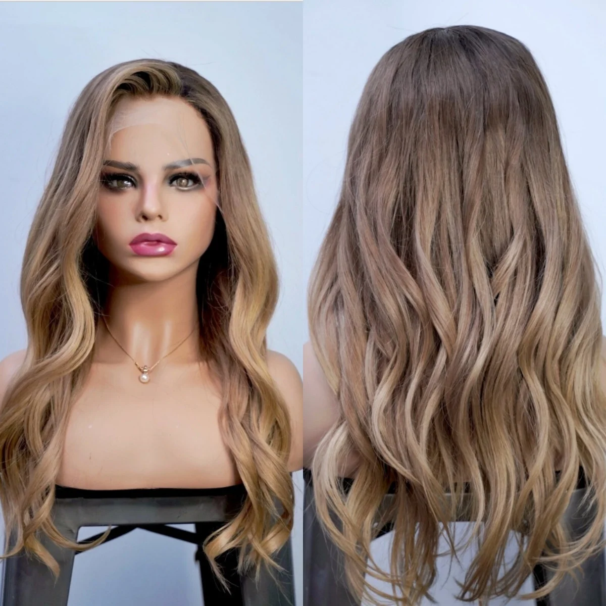 

Длинный парик Ombre Honey Blonde для женщин, удобный крой, свободный волнистый синтетический кружевной передний бесклеевой парик, лидер продаж, реалистичный вид