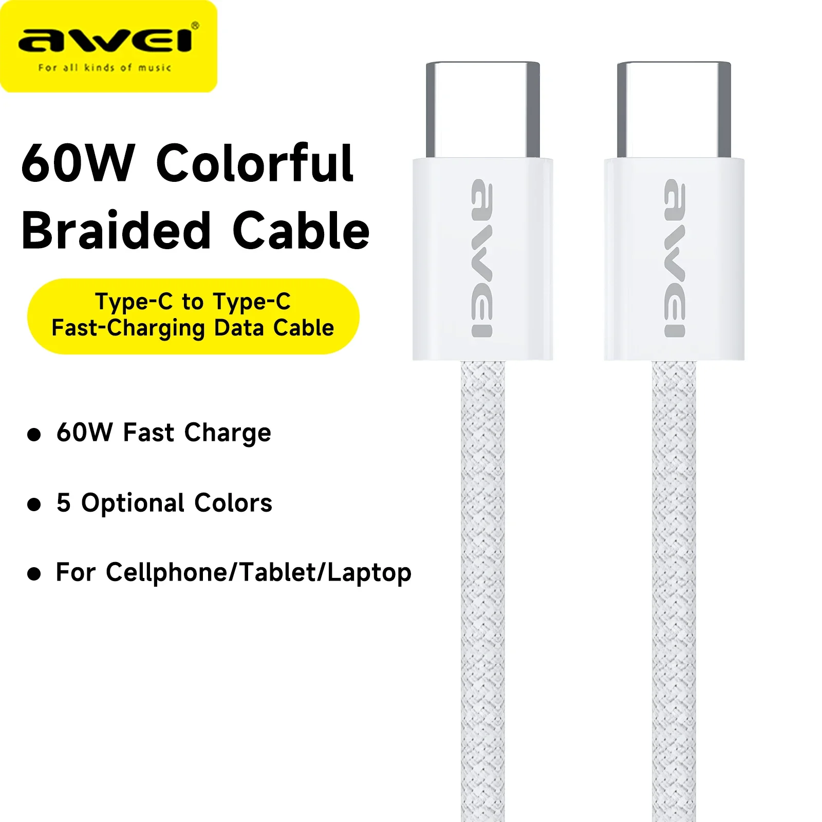 

Awei 60W PD USB Type C To Type C Data Cable Is Suitable for Iphone 15 Xiaomi Poco Fast Charge USB C Data Cable Type