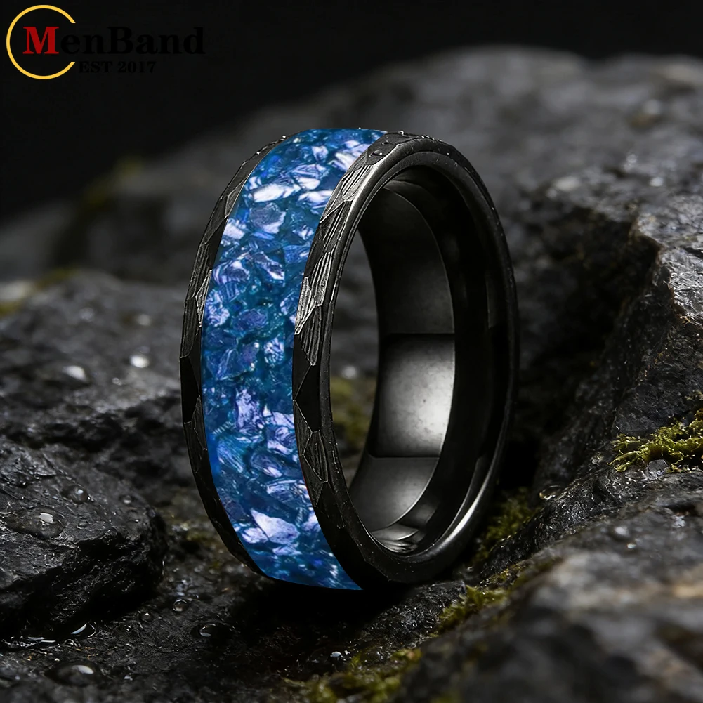 

MenBand 8MM Black Hammered Blue Crystal Stone Inlay Tungsten Wedding Rings Bands Anniversary Mans Mens Ring Jewelry Gifts