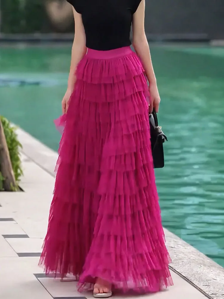 

Ele Pink Gauze f Skirt Puffy Summer New Design High Waist Slimming Aosphere Sense Ladylike Commute Sle plus Size