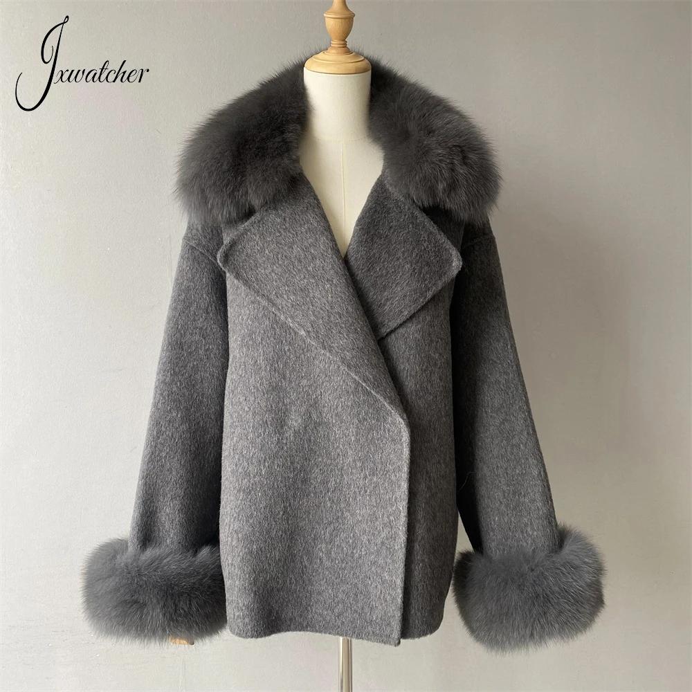 Jxwatcher Women\'s Wool Coat with Real Fox Fur Collar Cuffs Ladies Autumn Winter High-end 100% Wool Coats 2024 New In Outerwear