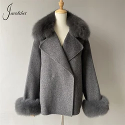 Jxwatcher Women's Wool Coat with Real Fox Fur Collar Cuffs Ladies Autumn Winter High-end 100% Wool Coats 2024 New In Outerwear