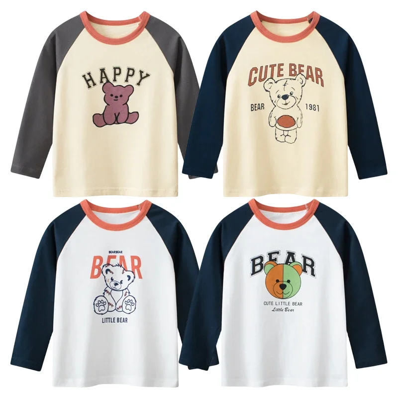 Cartoon Bear T Shirt Girls 2024 primavera autunno nuove T-Shirt per bambini lettere stampa manica lunga ragazza top Tees abbigliamento per bambini