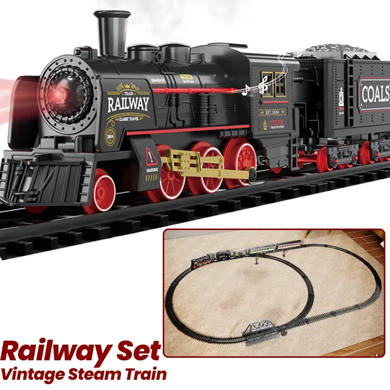 

Винтажный паровоз, классический электрический железнодорожный поезд на батарейках, локомотив, поезд с распылением воды, игрушки со световым звуком