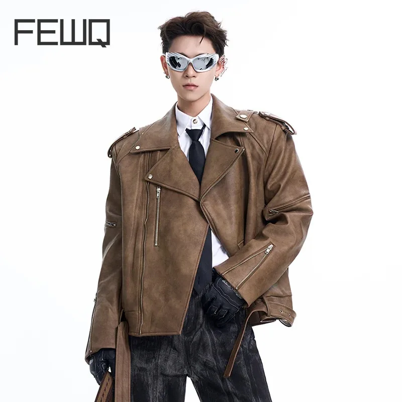 FEWQ Niche Design Men\'s Pu Leather Coats Tailored Collar Belt Zipper Patchwork Metal Button Solid Color Male Jackets 24E2272