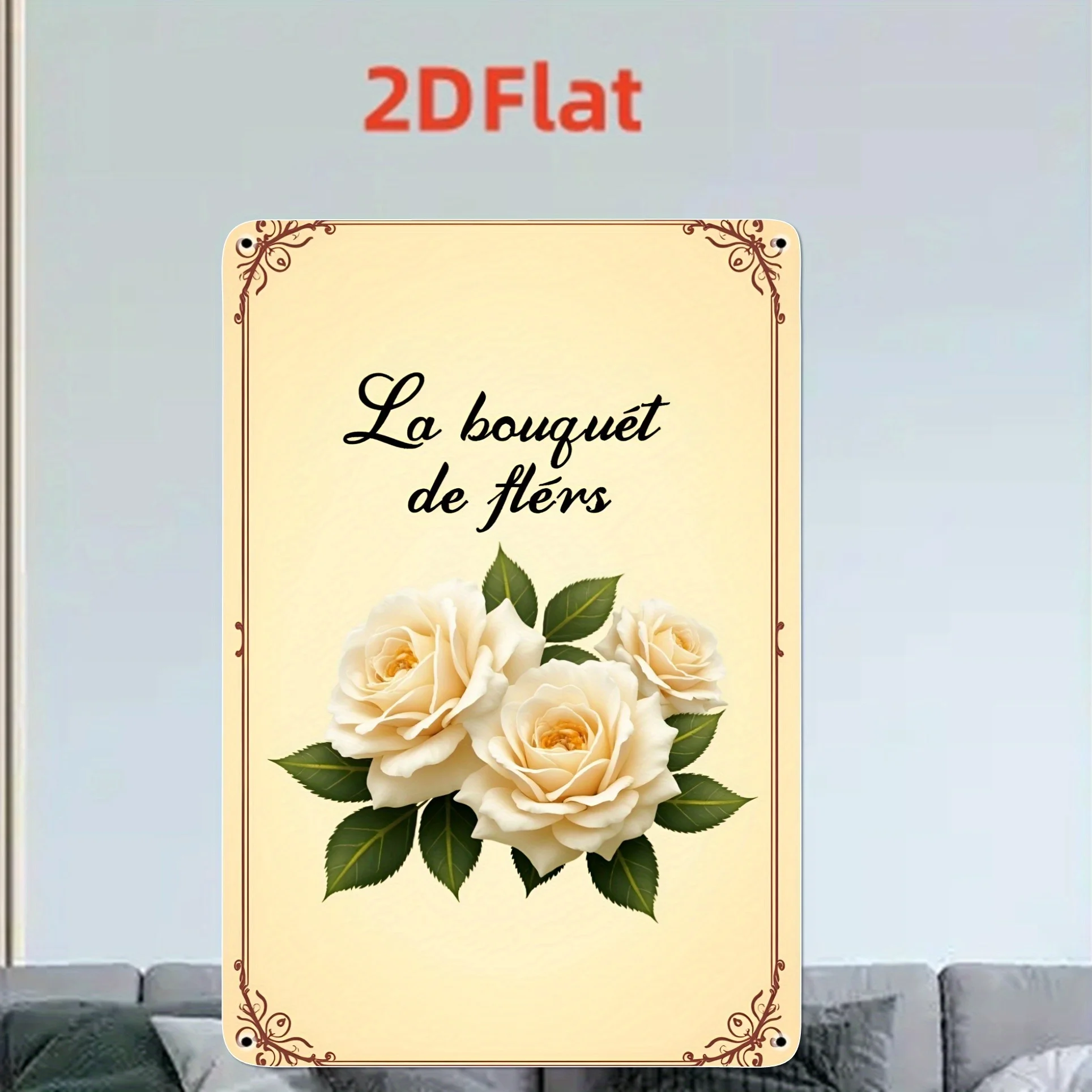 Vintage Floral Iron Wall Art Sign -  Metal Decor with White Roses & Green Leaves, Rustic Beige Background, Perfect for Home, Bar