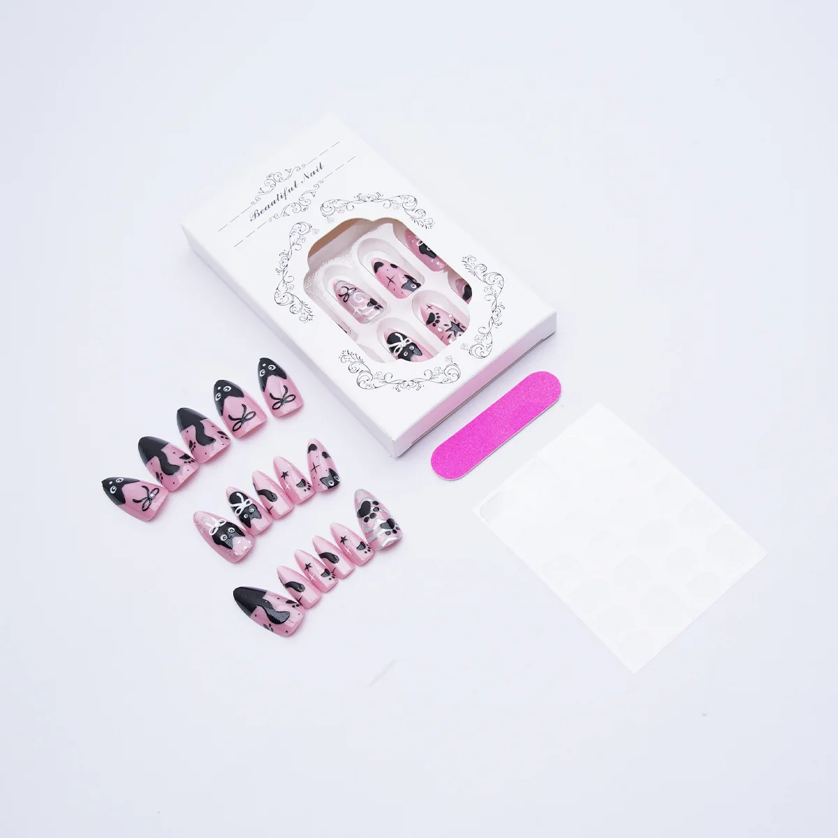 24pcs Sweet Cool Pink Cat Eye Press on Nails Black Cat Print Almond Fake Nails for Women Girls Wearable Korean False Nails image 5