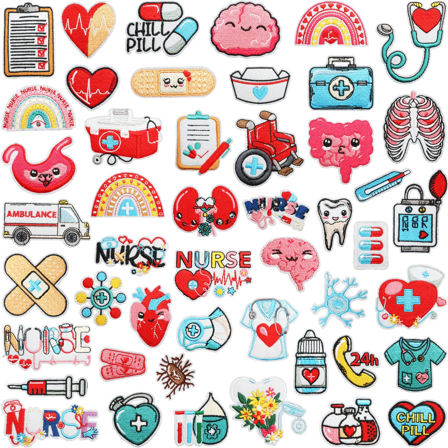 Soins hospitaliers brodés fer sur patchs dessin animé modèles d'organes humains stéthoscope seringue mignon badge d'allaitement pour uniformes d'infirmière
