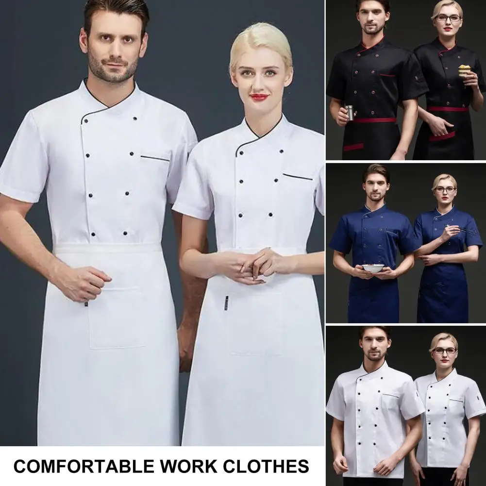 Unisex Button-Down Chef Uniform Coats com Bolsos para Hotéis, Restaurante, Uniformes de Cozinha, Casacos de Manga Curta, Elegante