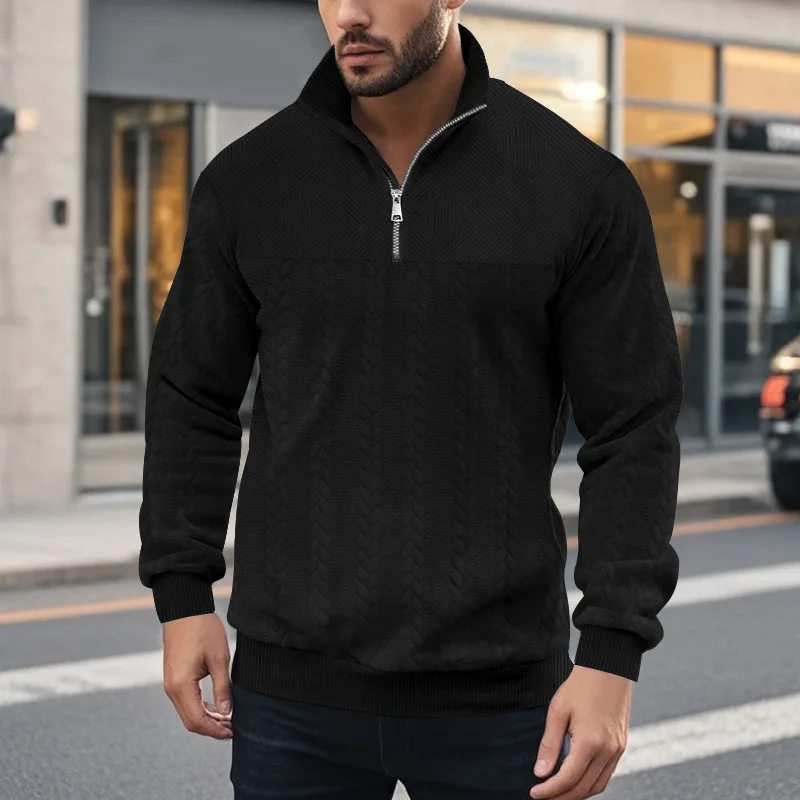 Vintage Casual Stand-up Collar Zipper Sleeve Loose Knitted Jacquard Heavy Splicing Long-sleeved Sweater Cw03912