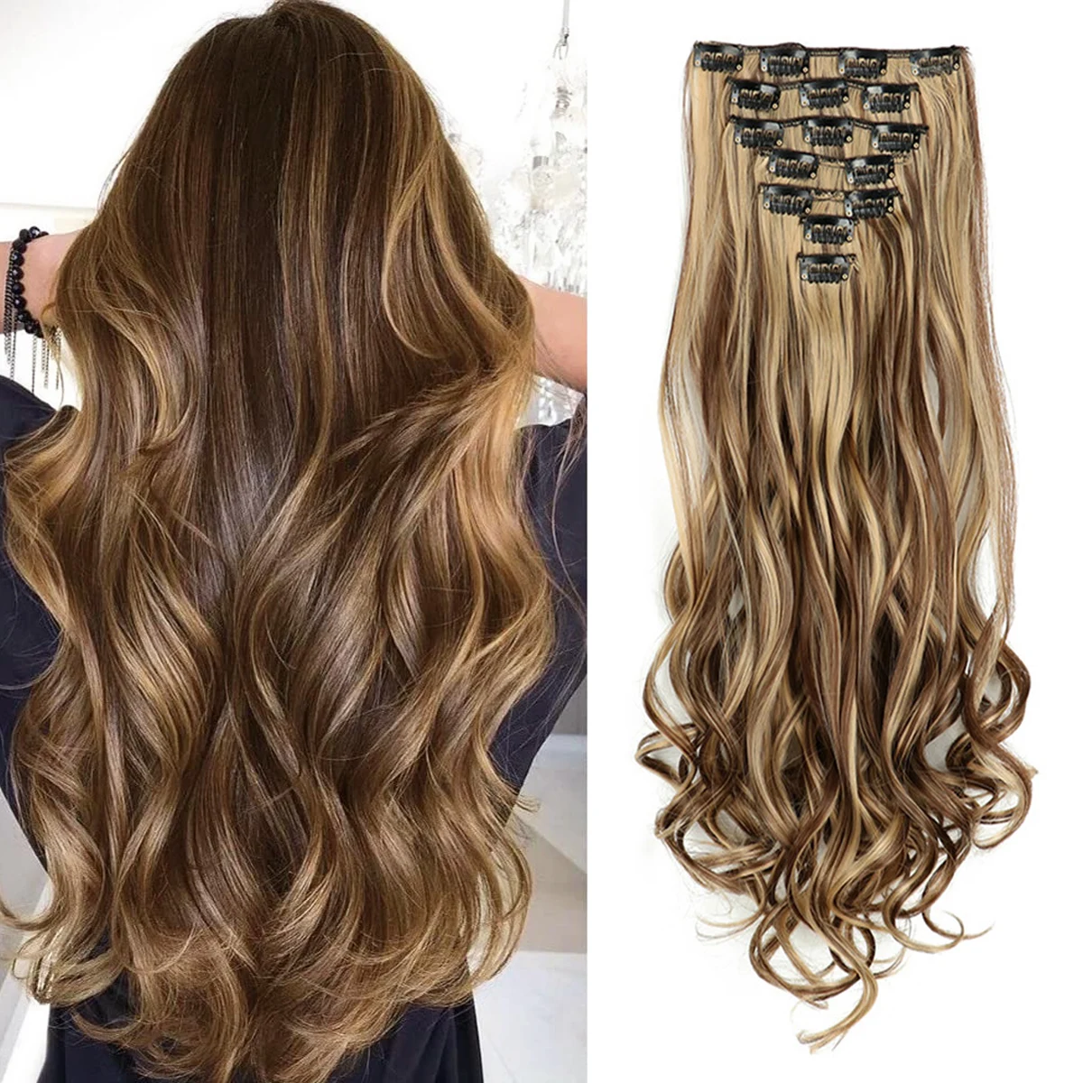 Extensiones de Cabello con Clip para mujer, extensiones de cabello ondulado largo, suave, resaltado sintético, 7 piezas, 22 pulgadas de grosor