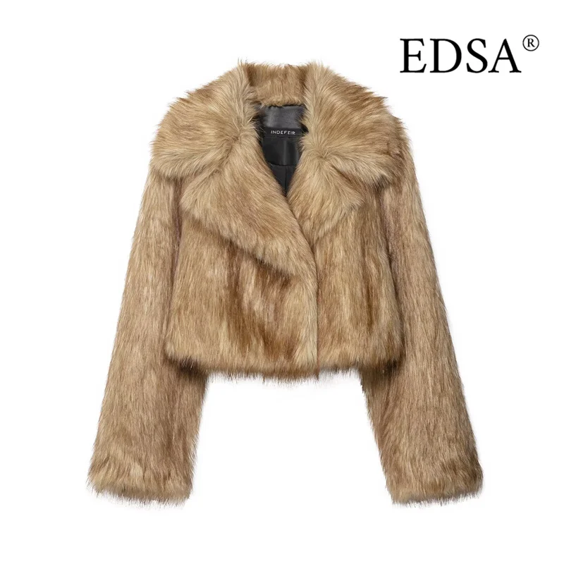 

EDSA женская укороченная меховая куртка из искусственного меха с длинными рукавами и воротником с лацканами для осенне-зимней модной верхней одежды Famele