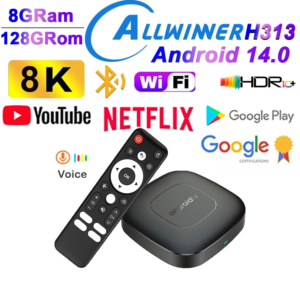 T11 Android14 TV Box Allwinner H313 8G Ram 128G Rom Dual Wifi 2.4G&5G BT5.0 Youtube Smart Home Media Player Voice Set Top Box