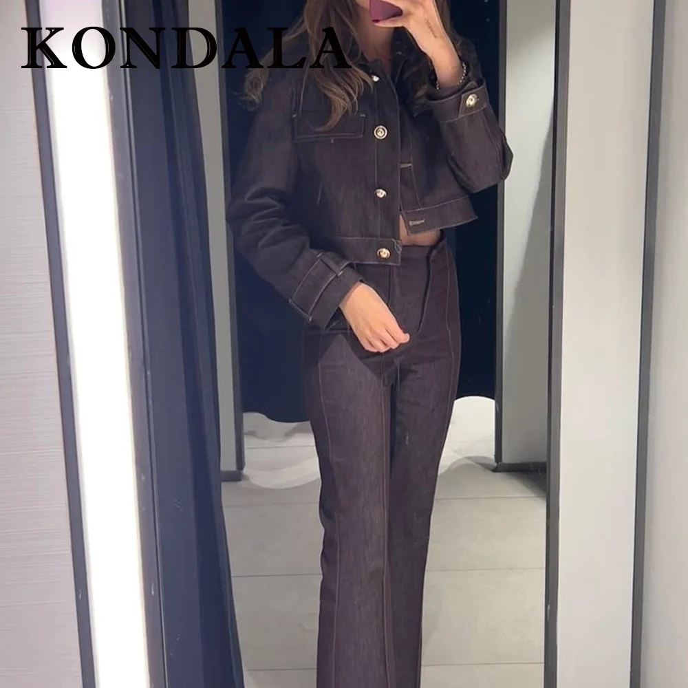 KONDALA Elegancki brązowy zestaw streetwearowy damski: krótka kurtka na guziki + modne spodnie z rozszerzanymi nogawkami, styl 2025