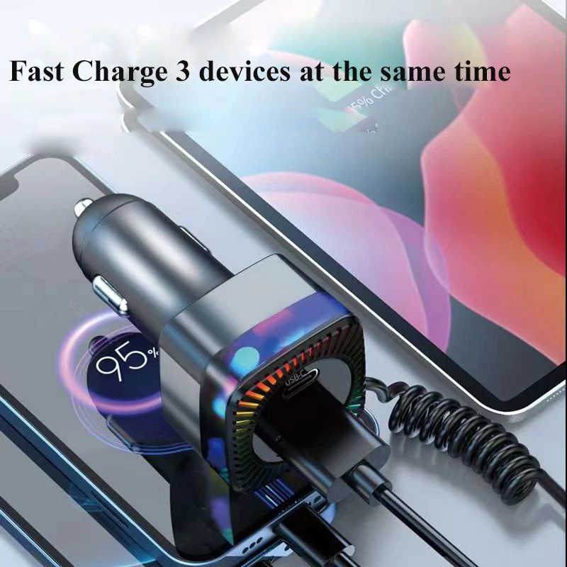 280W USB C Car Charger Adapter with Spring Cable Colorful Light PD 30W  3 in 1 Super Fast Charging for Macbook Samsung iPhone